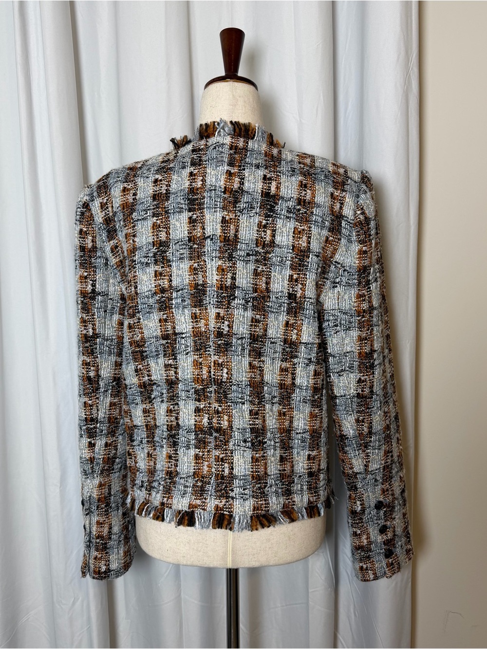 L’Agence Angelina Tweed Jacket Blue Brown Fringe Blazer Size 8 - Picture 3 of 15